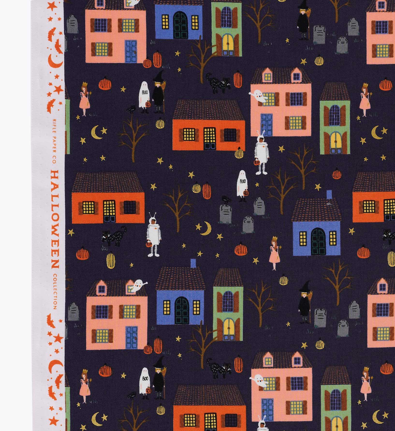 Halloween Night Cotton Metallic Fabric - Indigo and Gold